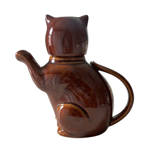 Vintage Chinese Porcelain Havana Brown Cat Teapot with Paw Spout - Picture 2 of 8